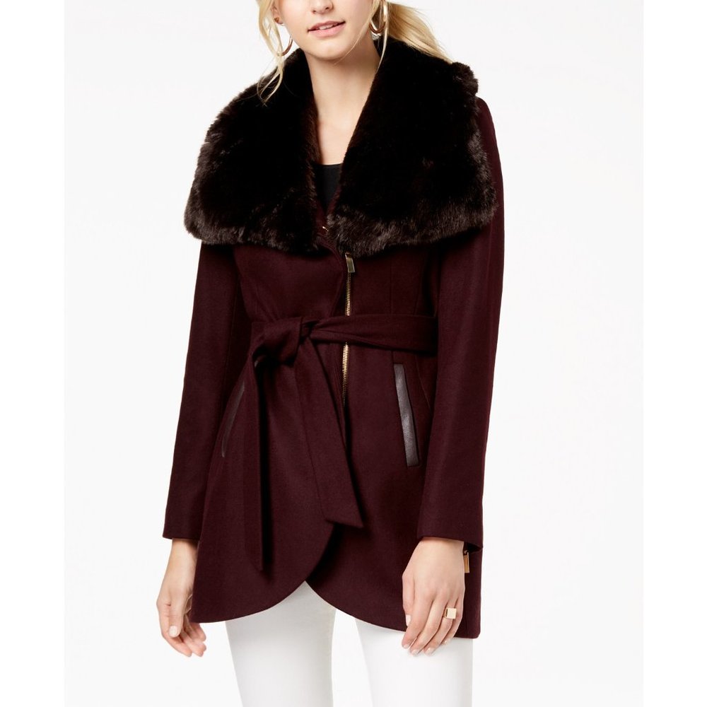 French Connection Plum Belted Coat with Faux-Fur Collar
